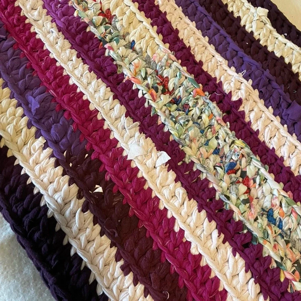 Handmade Purple Magenta Colorful Crocheted T-Shirt Knit Oval Rug Door Mat